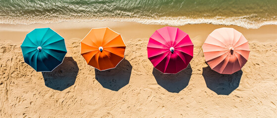 Drone shot of summer vacation on a sandy beach with beach umbrellas. A relaxing holiday in the sun (generative AI)