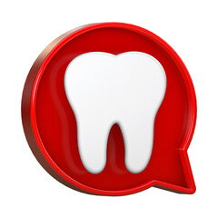 3d red speech bubble with tooth shape icon isolated on white background. 3d illustration.