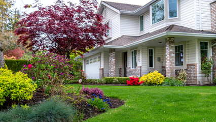 Luxury front yard house with colorful blooming flowers and shrubs. Beautiful house in residential...
