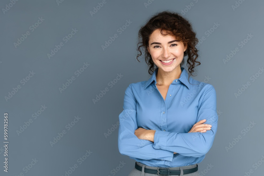 Wall mural happy young smiling confident professional business woman wearing blue shirt, pretty stylish female 