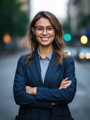 Young happy pretty smiling professional business woman, happy confident positive female entrepreneur standing outdoor on street arms crossed, looking at camera, Generative AI - obrazy, fototapety, plakaty