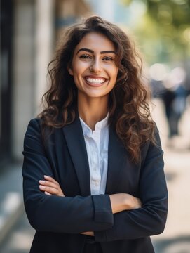 Young Happy Pretty Smiling Professional Business Woman, Happy Confident Positive Female Entrepreneur Standing Outdoor On Street Arms Crossed, Looking At Camera, Generative AI