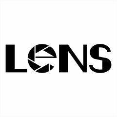 Lens word design with unique diaphragm symbol on letter E.