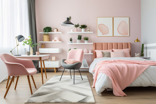modern Cozy Bedroom Interior with Pink Accents, Generative AI