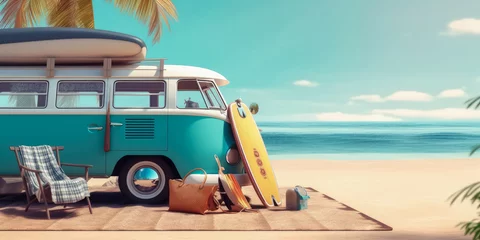 Fototapeten Summer travel , Blue car van with luggage for summer holidays , Beach sea view , Vacation , Generative Ai © Atchariya63