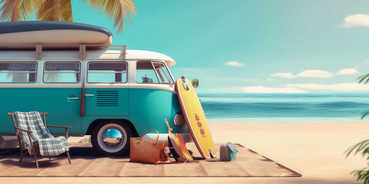 Summer travel , Blue car van with luggage for summer holidays , Beach sea view , Vacation , Generative Ai