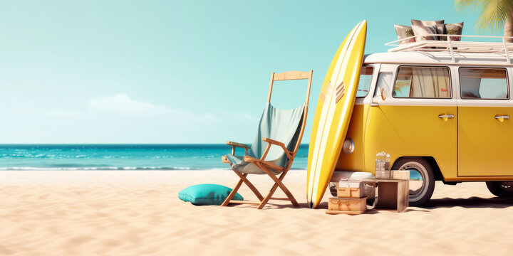 Summer travel , Yellow car van with luggage for summer holidays , Beach sea view , Vacation , Generative Ai
