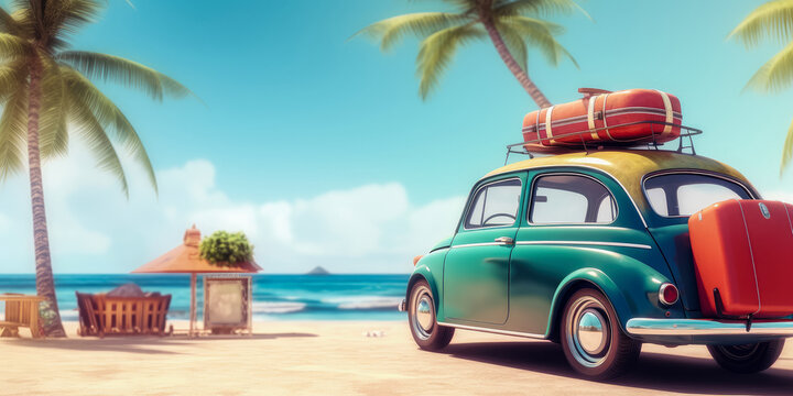 Summer travel , Green car with luggage for summer holidays , Beach sea view , Vacation , Generative Ai