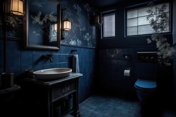 Contemporary bathroom with contemporary design, wooden sink stand and marble sink. Blue tones, yellow led lights