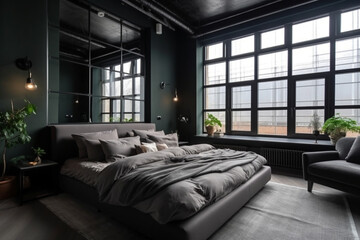 Master bedroom with large windows. luxury studio apartment in a loft style in dark colors, trendy gray minimalistic interior, Generative AI