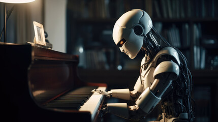 Obraz na płótnie Canvas Robot playing piano. Ai with a musical instrument. Futuristic concept technology generative ai.