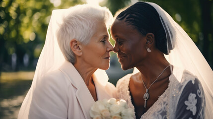 Old women lesbian couple. marrage Black and Caucasian female bride in love. LGBT pride month celebration generative ai