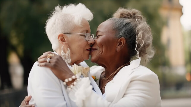 Old women lesbian couple. marrage Black and Caucasian female bride in love. LGBT pride month celebration generative ai