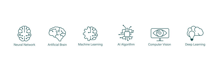 neural network, artificial brain, machine learning, ai algorithm, computer vision, deep learning icons vector illustration  - obrazy, fototapety, plakaty