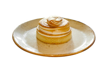 Cake lemon tart and coffee in a glass on the cafe table, a saucer and a teaspoon, isolated on a white background