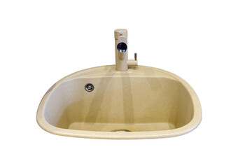 Clean beige sink with metal faucet and towels on the wall, isolated on a white background