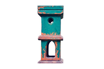 Vertical old manger in the park, closeup, isolated on a white background. Pillar with bird feeder and squirrels in the forest.