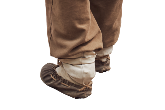 Man feet in national Russian leather shoes postol, isolated on a white background