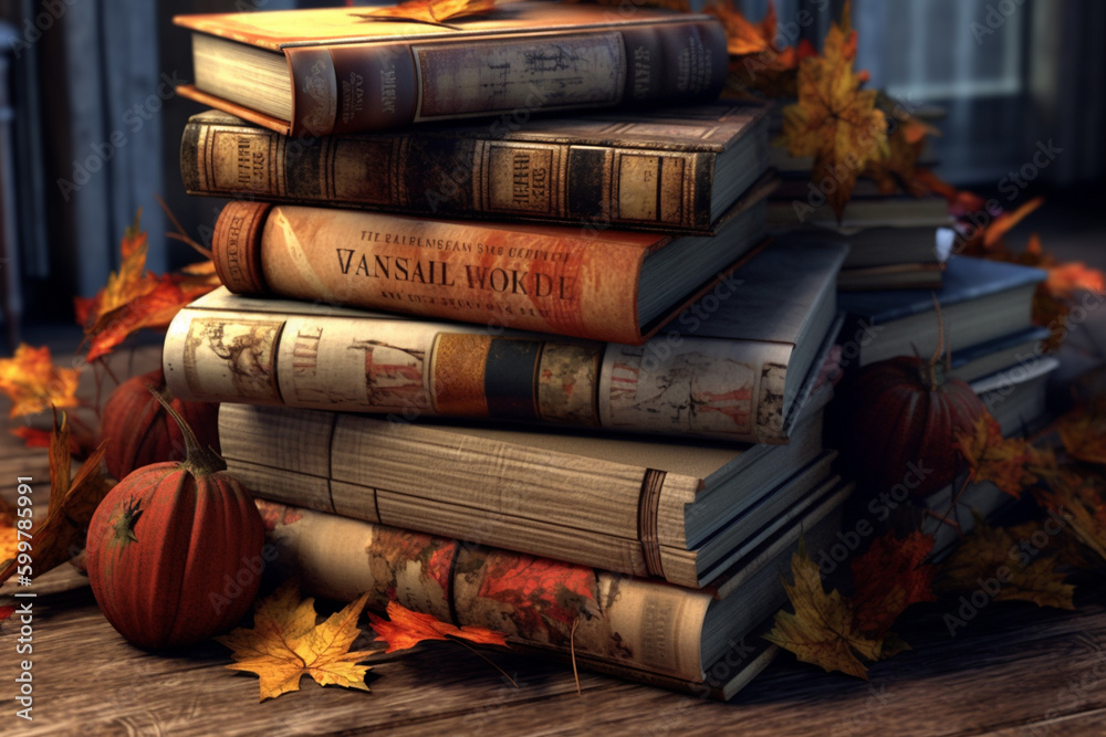 Aufkleber a stack of old books with autumn-themed covers, such as 