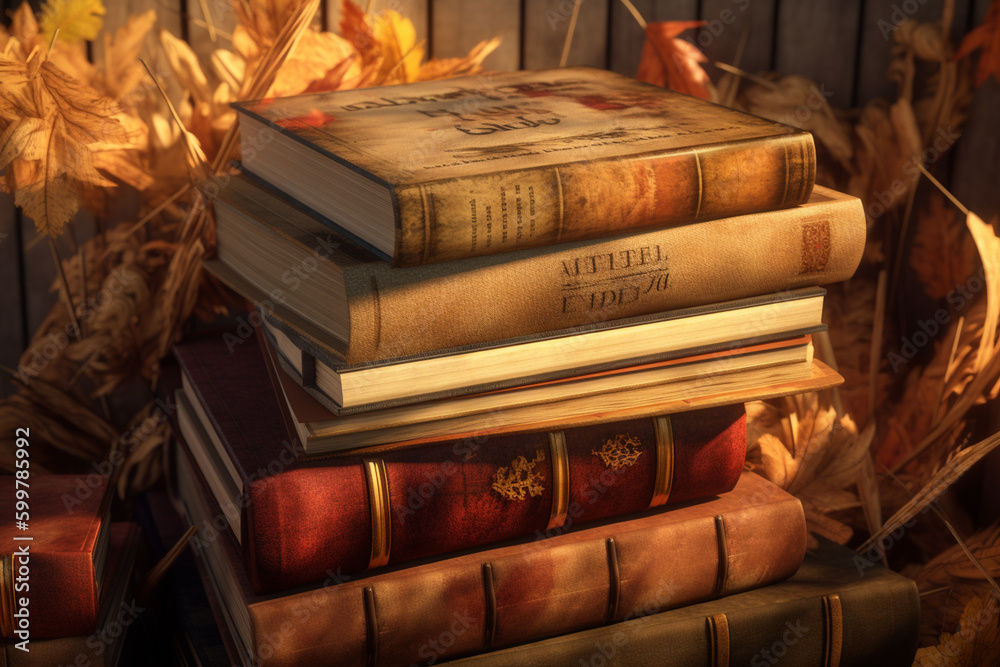 Poster a stack of old books with autumn-themed covers, such as 