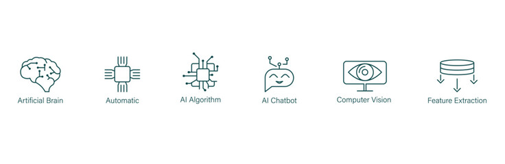 artificial brain, automatic, ai algorithm, ai chatbot, computer vision, feature extraction icon set vector illustration 