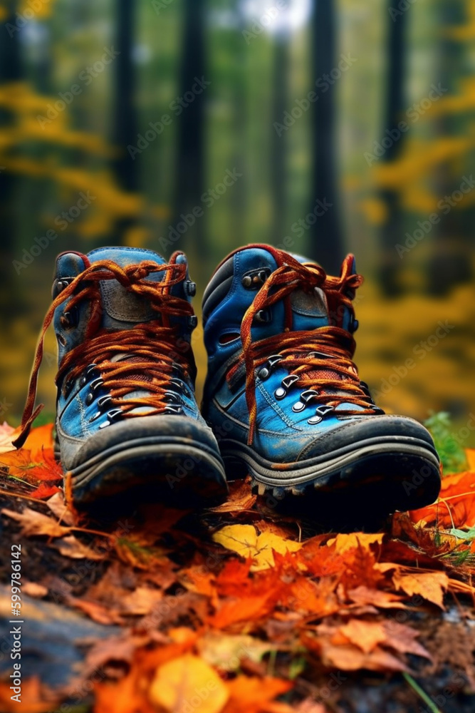 Poster a pair of hiking boots on a forest trail, surrounded by the vibrant hues of autumn. generative ai te
