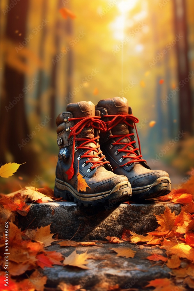 Poster a pair of hiking boots on a forest trail, surrounded by the vibrant hues of autumn. generative ai te