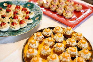 Easter stuffed eggs, polish traditional food, ladybird and flower shape, 