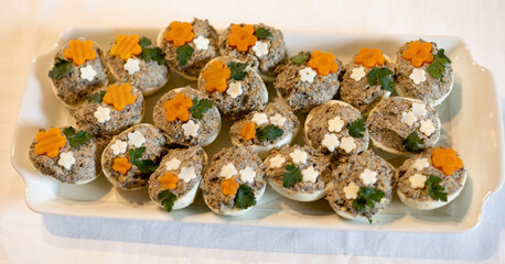 Easter stuffed eggs, polish traditional food, flower shape, 