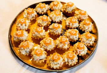 Easter stuffed eggs, polish traditional food, flower shape, 