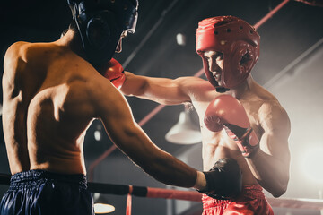 Boxer use various punch combinations, including the jab, hook, uppercut, cross, swing, straight. Getting in close to make opponent on ropes and knockout. Boxing champions win the round in boxing ring - obrazy, fototapety, plakaty