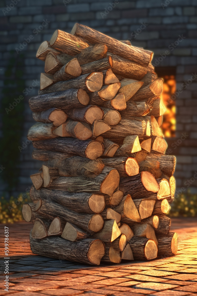 Poster A stack of firewood, ready to be used for cozy autumn nights.  Generative AI technology..