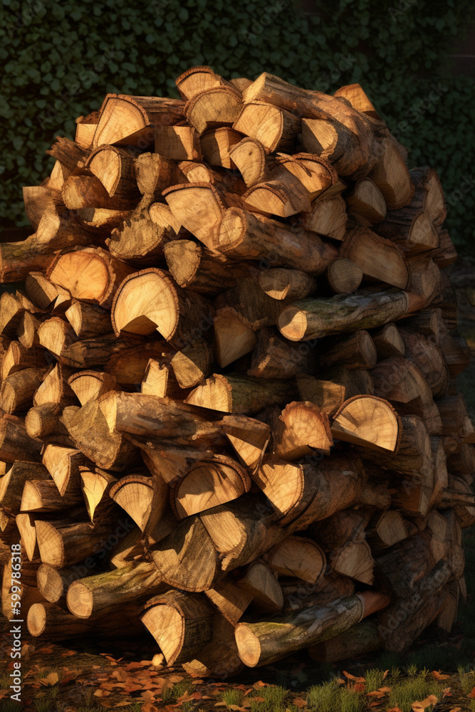 Poster a stack of firewood, ready to be used for cozy autumn nights. generative ai technology..