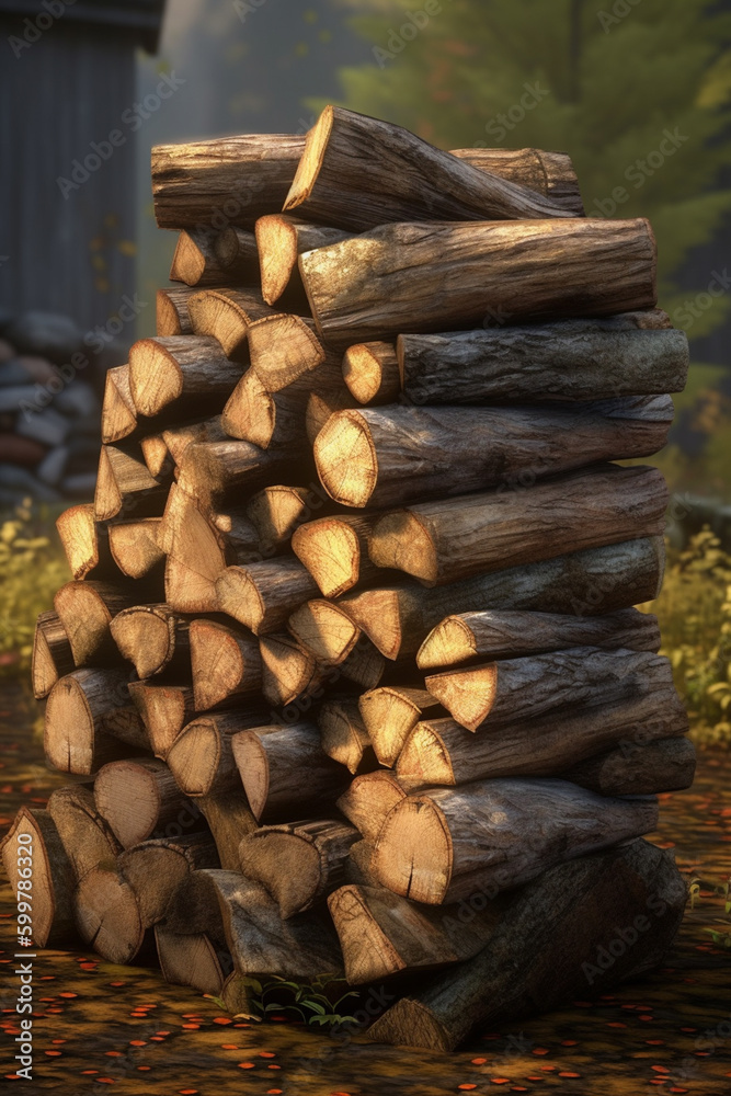 Poster a stack of firewood, ready to be used for cozy autumn nights. generative ai technology..