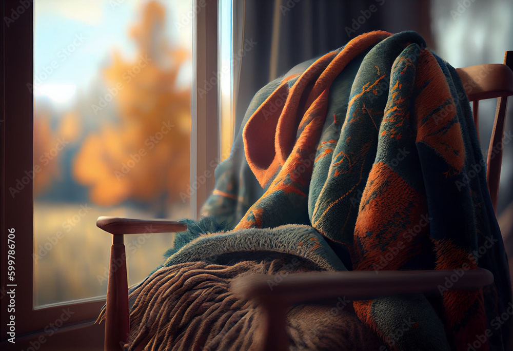 Poster  A warm, fuzzy blanket draped over a chair in front of a window with an autumn view. Generative AI technology..