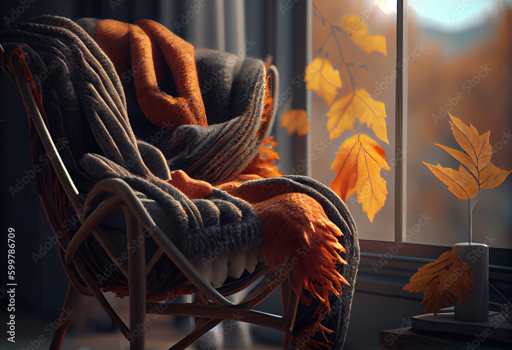 Poster  A warm, fuzzy blanket draped over a chair in front of a window with an autumn view. Generative AI technology..