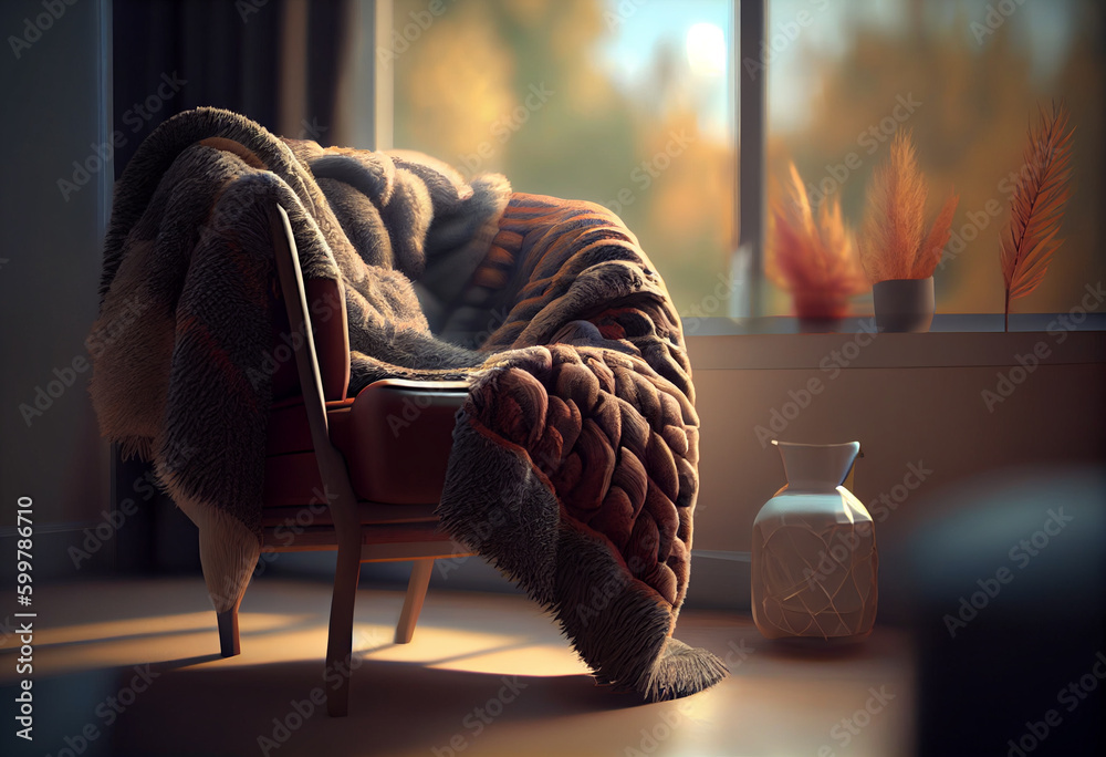 Aufkleber  A warm, fuzzy blanket draped over a chair in front of a window with an autumn view. Generative AI technology..