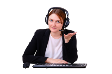 Woman talks in a video call in an online chat, isolated on a white background. Hand gesture to the camera with the palm up - your offer, isolated on a white background.