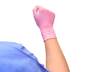 A woman nurse in protective gloves knocks on the door of a house, isolated on a white background