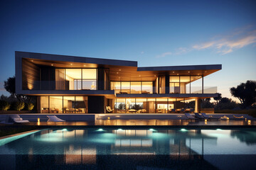 Fototapeta na wymiar close up view of a modern luxurious house with a pool, generative ai