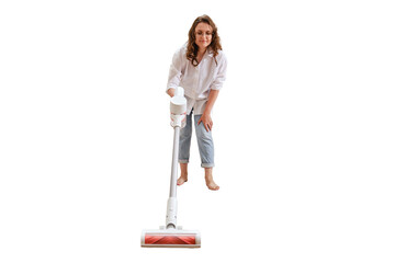 Happy woman with a wireless portable vacuum cleaner in the kitchen, isolated on a white background....