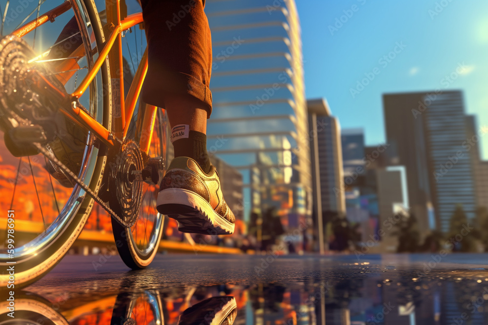 Poster a cyclist's feet on the pedals, with a background of scenic landscapes or urban architecture. genera