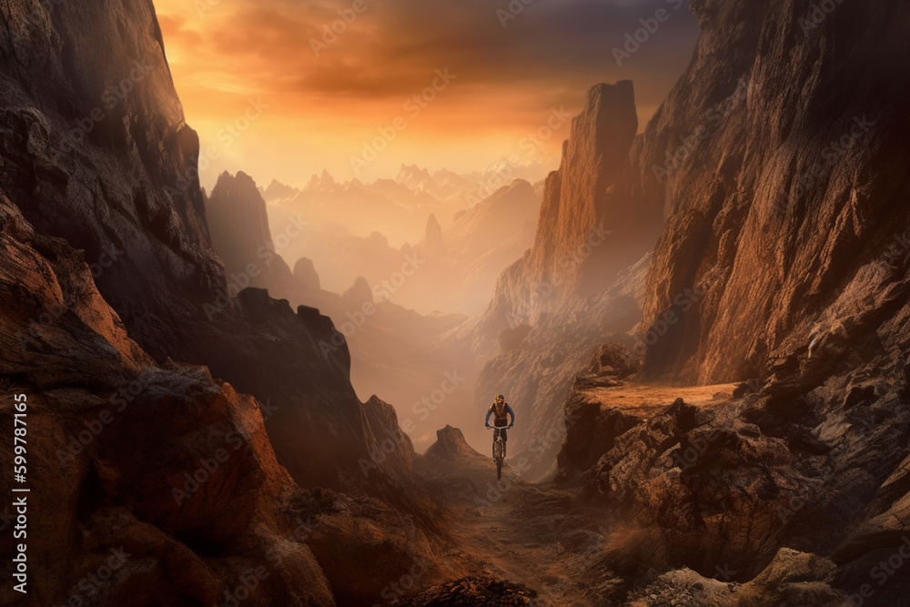 Poster a dramatic of a mountain biker riding down a steep and rocky trail. generative ai technology..