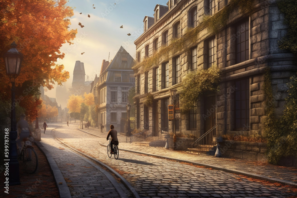 Aufkleber a vintage-inspired a cyclist riding along a cobblestone road with old buildings in the background. g