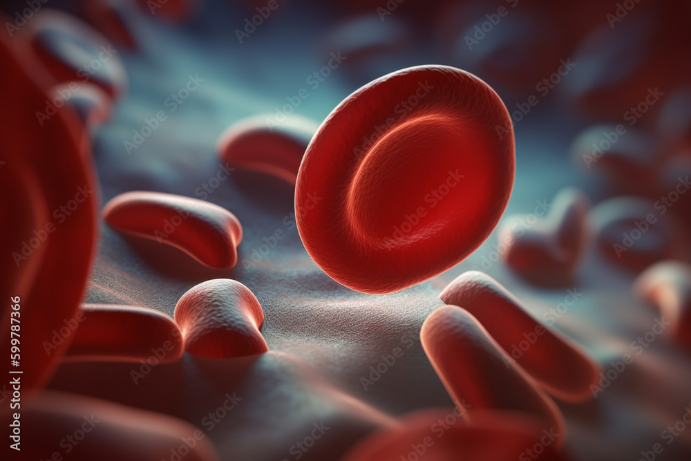 Poster a medical image of a sickle cell, a type of red blood cell with an abnormal shape. generative ai tec