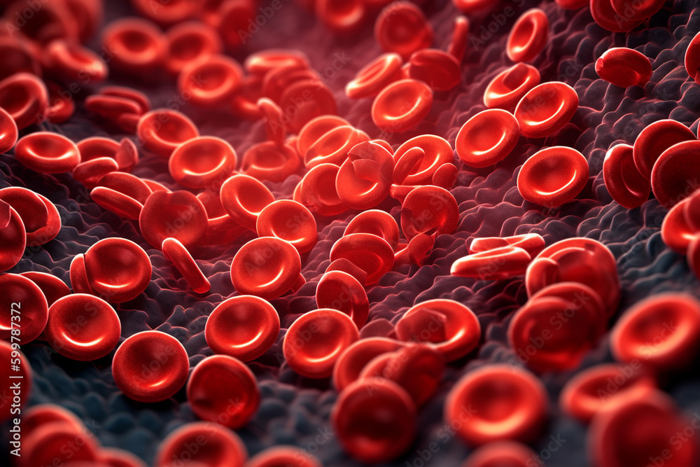 Poster An illustration of blood cells in a circular pattern, resembling a microscopic target. Generative AI technology..