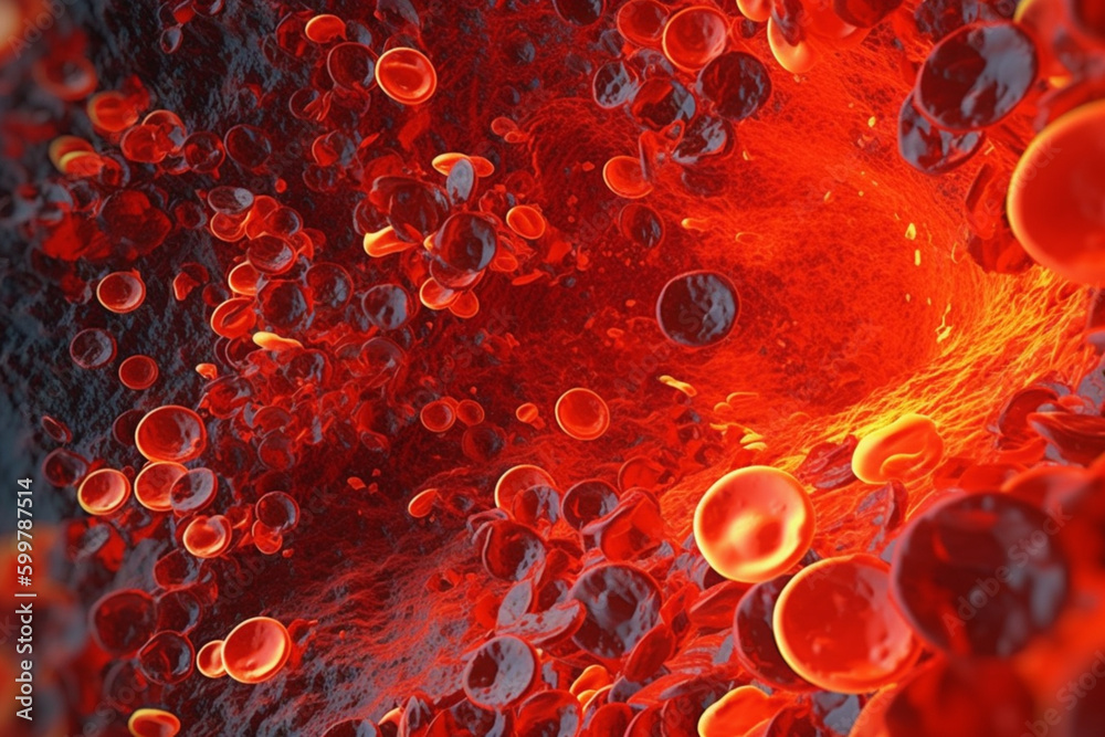 Poster An abstract image of blood cells and plasma, in a swirling and chaotic pattern. Generative AI technology..