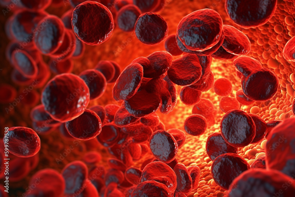 Poster An abstract image of blood cells and plasma, in a swirling and chaotic pattern. Generative AI technology..