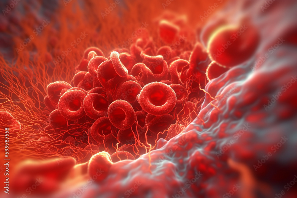 Poster A microscopic view of a blood clot, with platelets and fibrin fibers intertwined.  Generative AI technology..