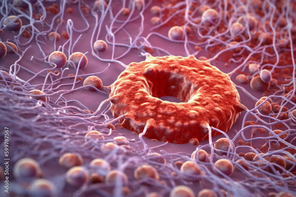 Poster a microscopic view of a blood clot, with platelets and fibrin fibers intertwined. generative ai tech